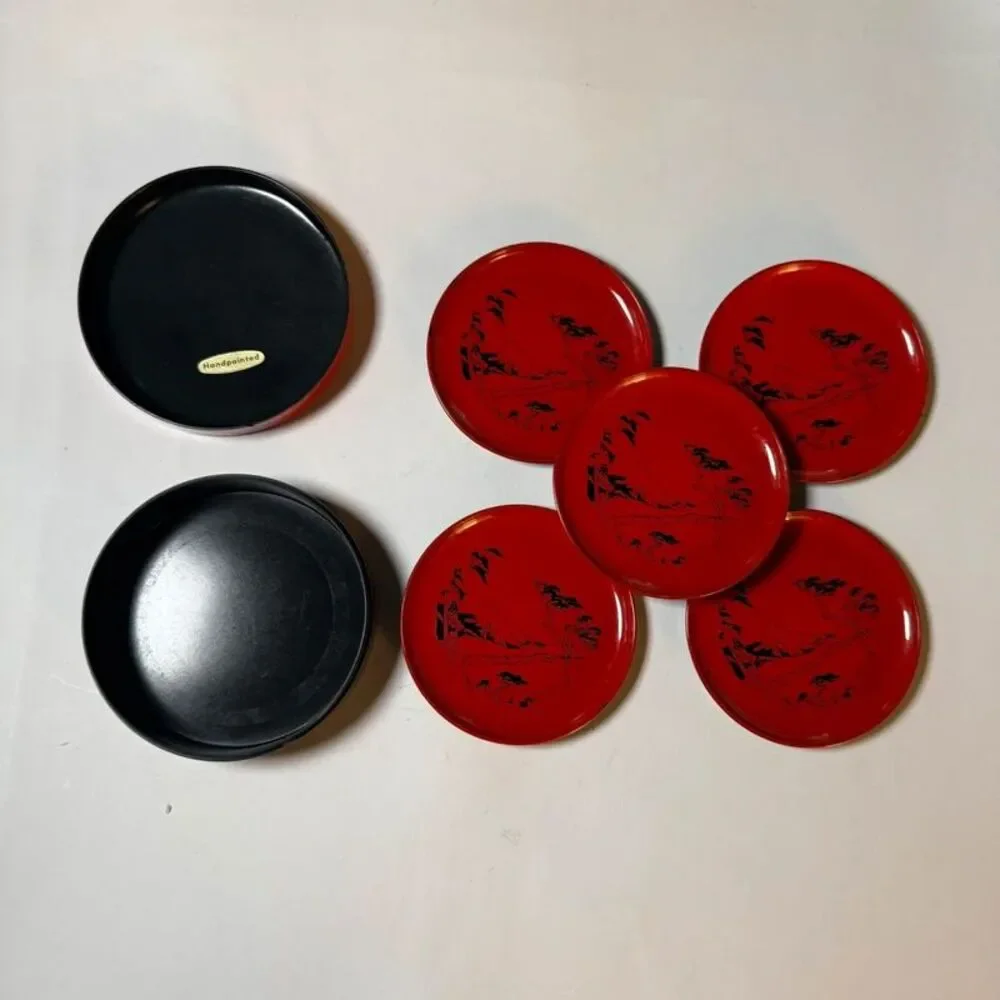 Vintage Japanese Red Lacquerware Coaster Set with Box Mount Fuji MCO Japan